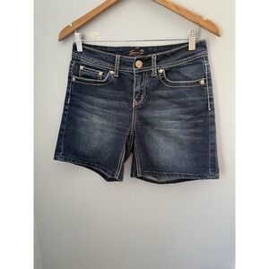 Seven7 Women's Blue Denim Jean Shorts Size 4 Mid‎ Rise Embroidered Pockets Back